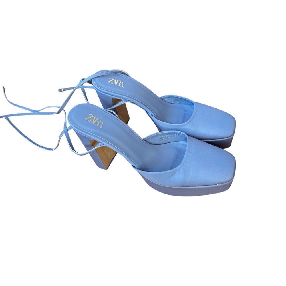ZARA Chunky Heeled Platform Shoes Size 40 Blue Satin EUC $129 MSRP Square Toe - Picture 5 of 13